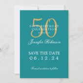 金ゴールドティール(緑がかった色)50誕生日日付の保存 招待状 (正面)