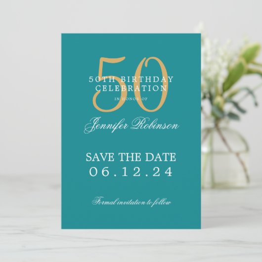 金ゴールドティール(緑がかった色)50誕生日日付の保存 招待状 (スタンド正面)