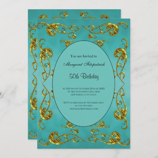 金ゴールドティール（緑がかった色）50th誕生日パーティー 招待状 (正面/裏面)