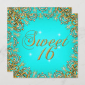 金ゴールドティール（緑がかった色）Sweet sixteenスウィート16パーティー画像 招待状 (正面/裏面)