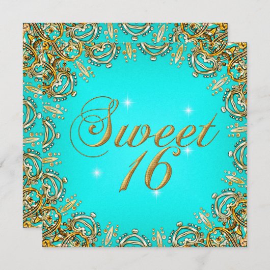 金ゴールドティール(緑がかった色)Sweet sixteenスウィート16パーティー画像 招待状 (正面/裏面)