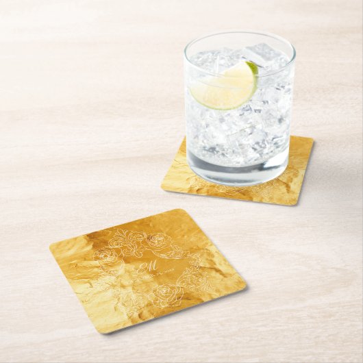 金ゴールドテクスチャヴィンテージモノグラム結婚クレストのロゴ スクエアペーパーコースター (インサイチュ)