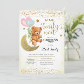 金ゴールドテディベア気球の性別の表示パーティー 招待状 (スタンド正面)