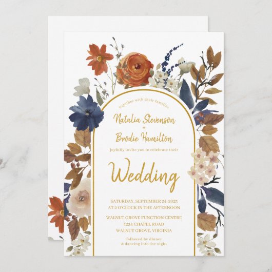 金ゴールドテラコッタブルーフローラボホ結婚ズ 招待状 (正面/裏面)