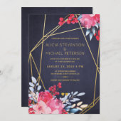 金ゴールドテラリウム水色フローラ赤結婚海軍 招待状 (正面/裏面)