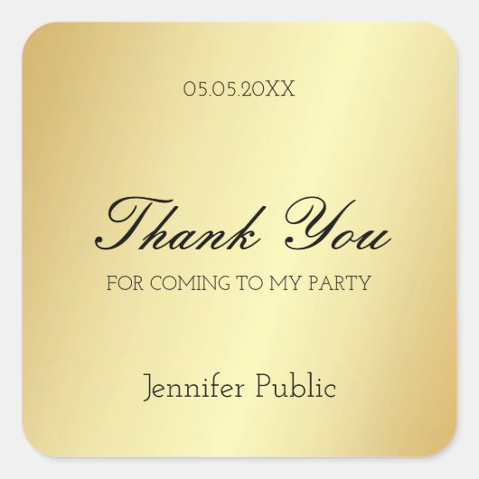 金ゴールドテンプレートサンキューハンドスクリプト文字グラマラス スクエアシール (正面)
