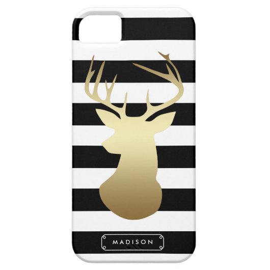 金ゴールドディアヘッドブラック&ホワイトストライプズパーソナライズされた Case-Mate iPhoneケース (裏面)