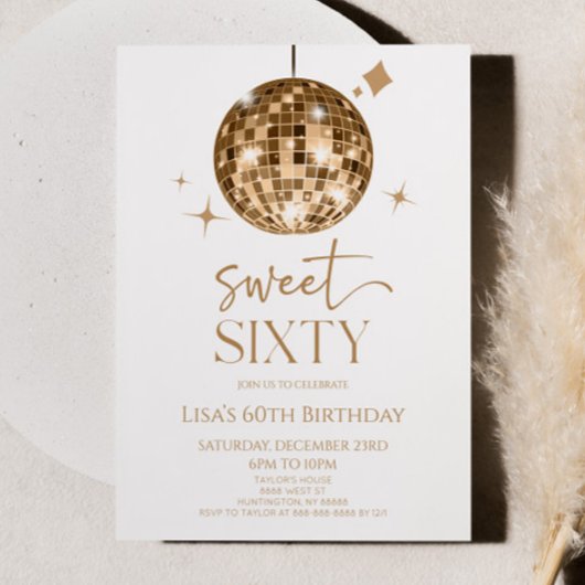 金ゴールドディスコボールスウィート60歳の誕生日パーティー 招待状
