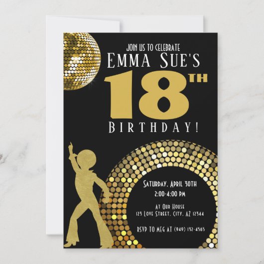 金ゴールドディスコボールスタジオ54パーティー任意の年齢誕生日 招待状 (正面)