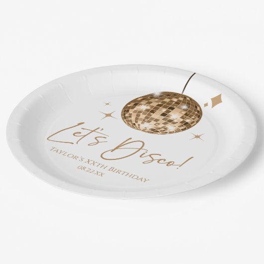 金ゴールドディスコボールレッツディスコ誕生日パーティー ペーパープレート (アングル)