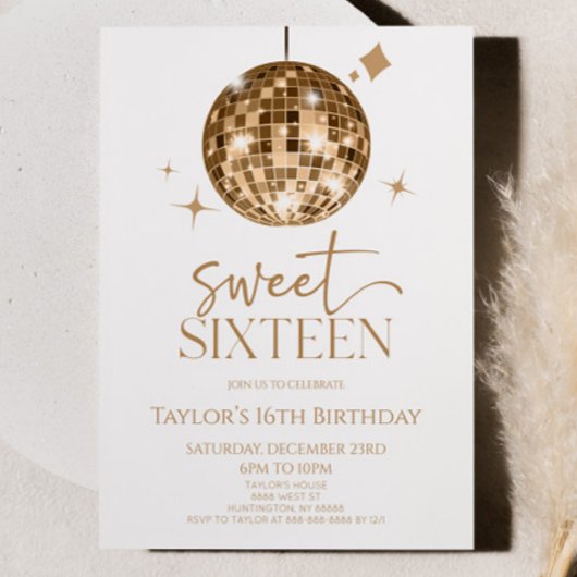 金ゴールドディスコボールSweet sixteen16thバースデーパーティー 招待状