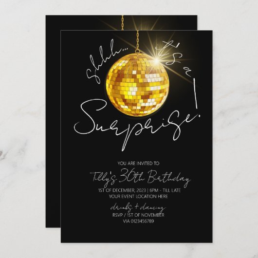 金ゴールドディスコモダンボール誕生日サプライズパーティー 招待状 (正面/裏面)