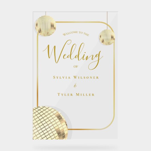 金ゴールドディスコ結婚ボール歓迎 アクリルサイン (正面)