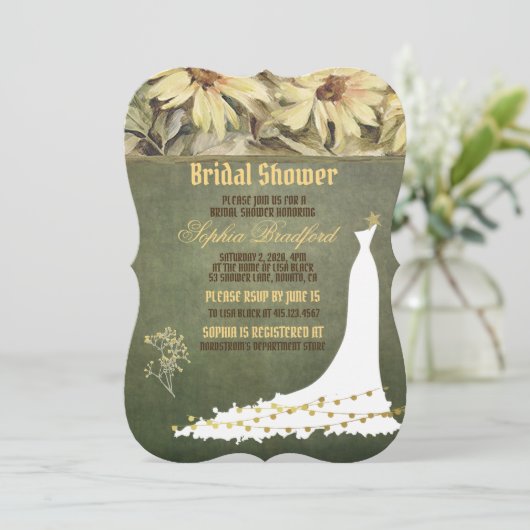 金ゴールドデイジーとSage結婚のブライダルシャワーカード 招待状 (スタンド正面)