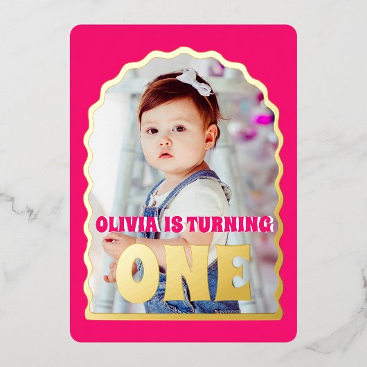 金ゴールドデイジー1歳の誕生日パーティーフォト 箔招待状 (正面)