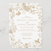 金ゴールドトイレデジュイヴィンテージフランスのフローラ結婚ズ 招待状 (正面/裏面)