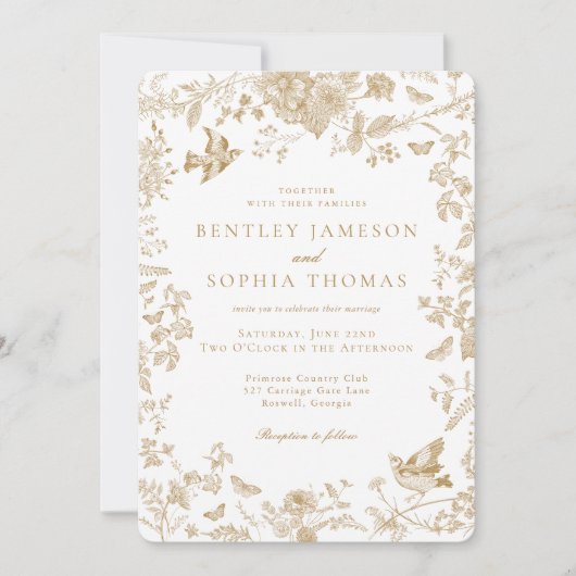 金ゴールドトイレデジュイヴィンテージフランスのフローラ結婚ズ 招待状 (正面)