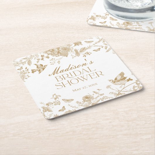 金ゴールドトイレデジュイヴィンテージフローラブライダルシャワー スクエアペーパーコースター (アングル)