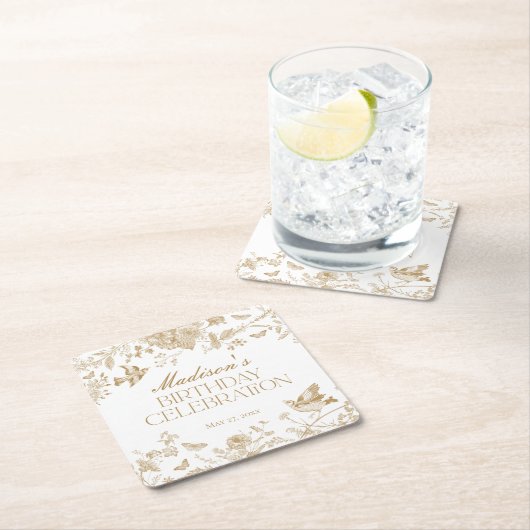 金ゴールドトイレデジュイヴィンテージフローラ誕生日 スクエアペーパーコースター (インサイチュ)