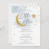 金ゴールドトゥインクルスターワンダーフルブルーファースト誕生日 招待状 (正面)