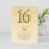 金ゴールドトゥインクルライトとホイルバルーン16誕生日 招待状 (スタンド正面)