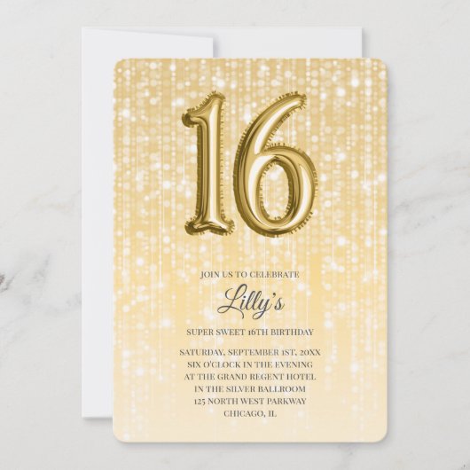 金ゴールドトゥインクルライトとホイルバルーン16誕生日 招待状 (正面)