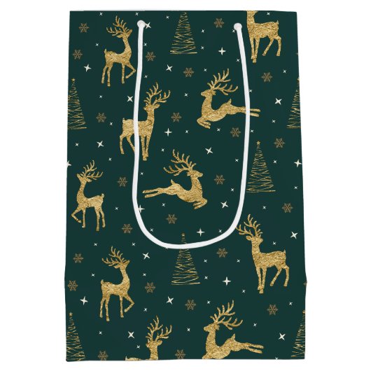 金ゴールドトナカイのクリスマスツリーパターンID853 ミディアムペーパーバッグ (裏面)