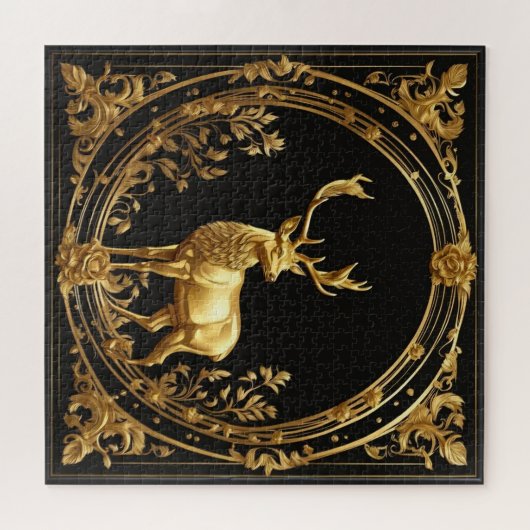 金ゴールドトナカイ金ゴールド及び黒色装飾枠 ジグソーパズル (横)