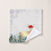 金ゴールドトナカイ,サンタハット,雪片,森 バスタオルセット (ウォッシュタオル)