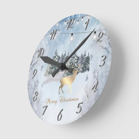 金ゴールドトナカイ,森,ストリングライトの風景 ラウンド壁時計 (傾斜)