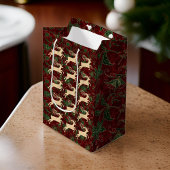 金ゴールドトナカイonヴィンテージフェイクレッドグリーンベルベット ミディアムペーパーバッグ