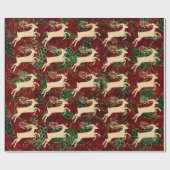 金ゴールドトナカイonヴィンテージフェイクレッドグリーンベルベット ラッピングペーパー (フラット)