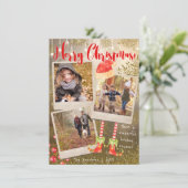 金ゴールドトリプルフォトコラージュクリスマスホリデー シーズンカード (スタンド正面)