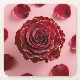 金ゴールドトリミングレッドローズコースターセット スクエアペーパーコースター