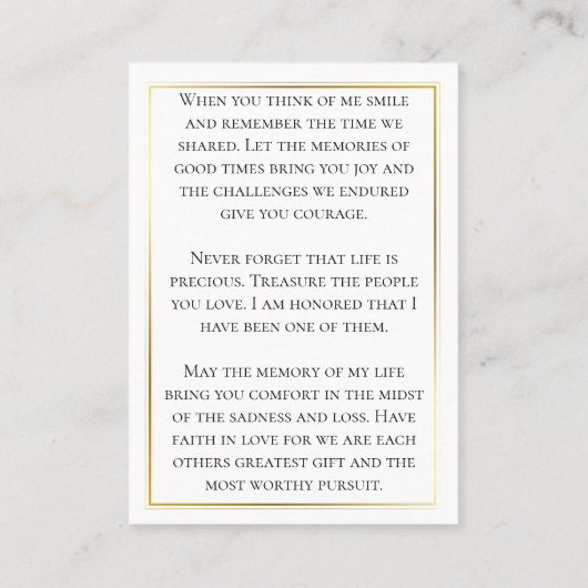 金ゴールドトリムお祝いのライフ祈りの言葉カード 名刺 (裏面)