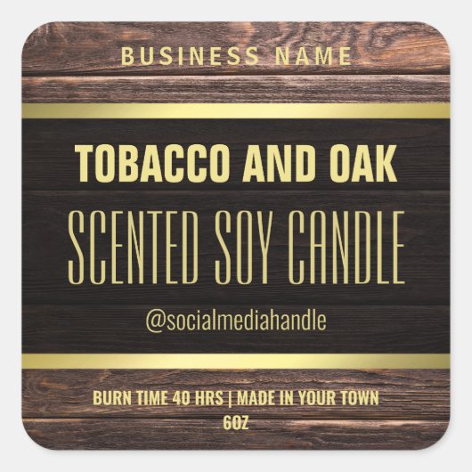 金ゴールドトリム木造の香り付き大豆キャンドルラベル スクエアシール (正面)
