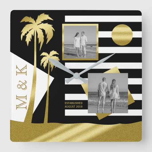 金ゴールドトロピカルパームツリーズビーチインスタグラム写真 スクエア壁時計 (正面)