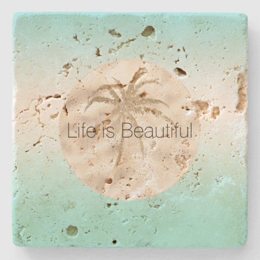 金ゴールドトロピカルパームツリーミントアクアグラデーション ストーンコースター (正面)