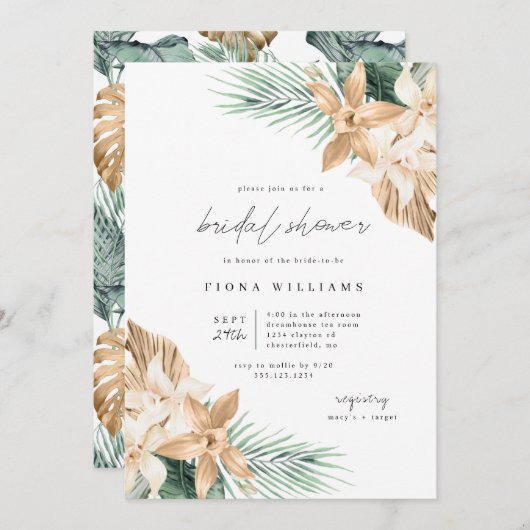 金ゴールドトロピカルフラワーブライダルシャワー招待状 招待状 (正面/裏面)