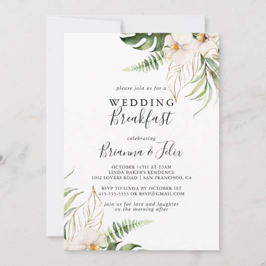 金ゴールドトロピカルリーフ結婚フローラの朝食 招待状 (正面)