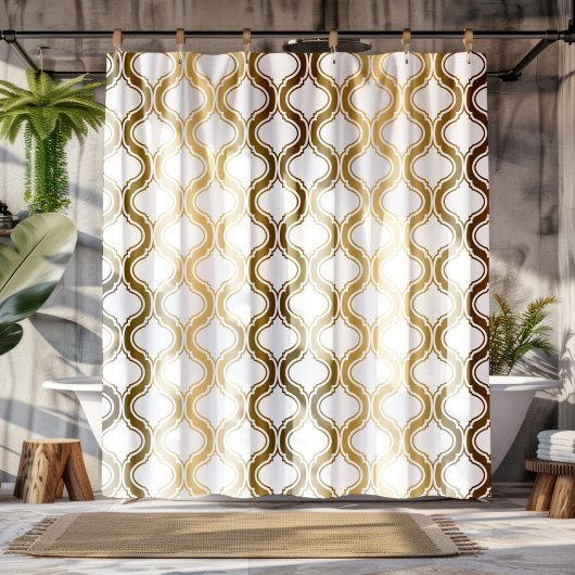 金ゴールドトーンと幾何学模様（白） シャワーカーテン