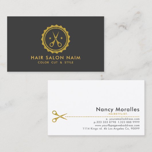 金ゴールドトーンの円と髪のはさみ 名刺 (正面/裏面)