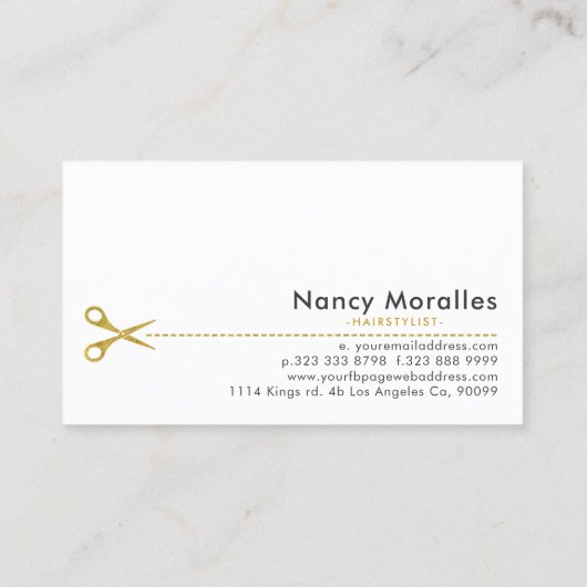 金ゴールドトーンの円と髪のはさみ 名刺 (裏面)