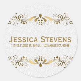 金ゴールドトーンエレガントフローラレースとホワイトダマスク ラウンドシール