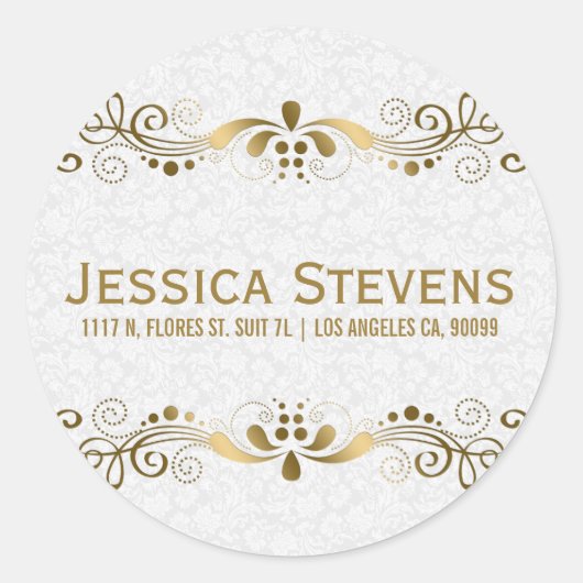 金ゴールドトーンエレガントフローラレースとホワイトダマスク ラウンドシール (正面)