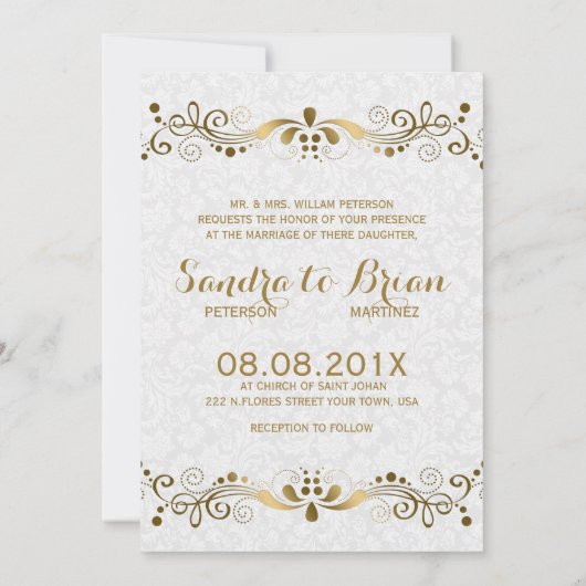 金ゴールドトーンエレガントフローラレースとホワイトダマスク 招待状 (裏面)
