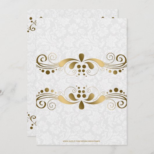 金ゴールドトーンエレガントフローラレースとホワイトダマスク 招待状 (正面/裏面)