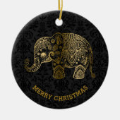 金ゴールドトーンフローラエレファントオンブラックダマスク セラミックオーナメント (正面)