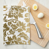 金ゴールドトーンフローラダマスモノグラーム キッチンタオル (四つ折り)