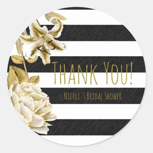 金ゴールドトーンフローラブラック&ホワイトストライプのお願い ラウンドシール (正面)